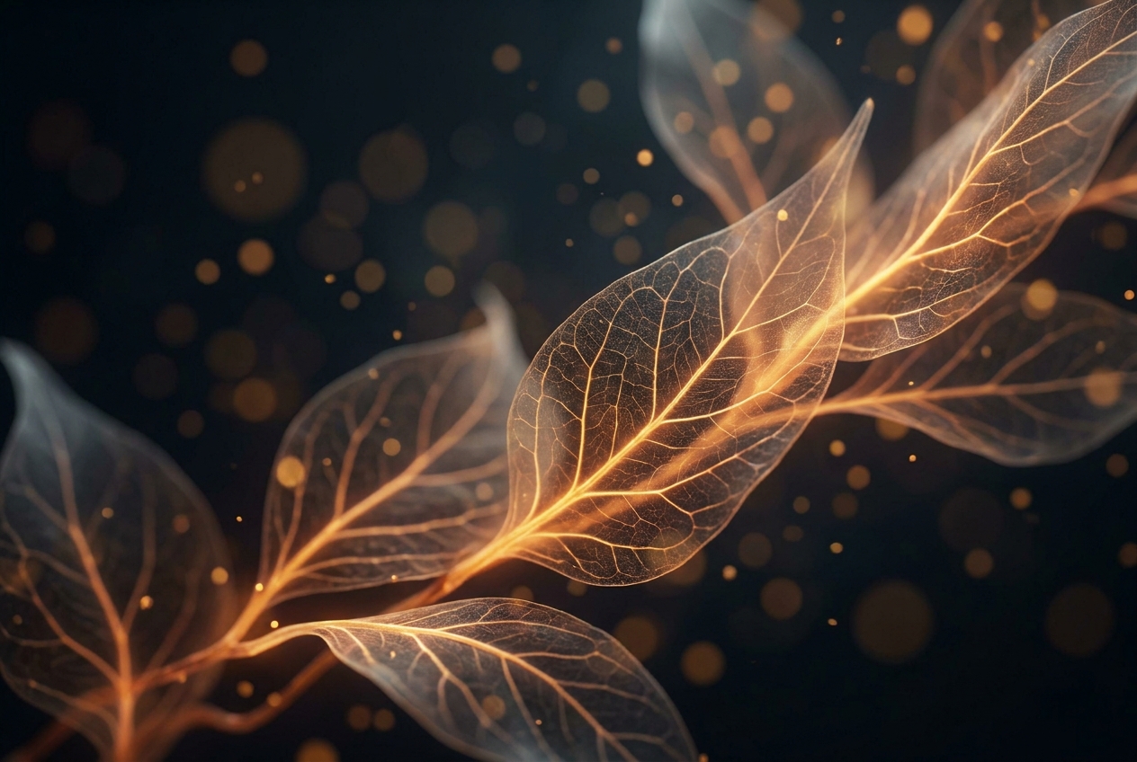 Abstract glowing botanical leaves representing nerve fibers and energy pathways.