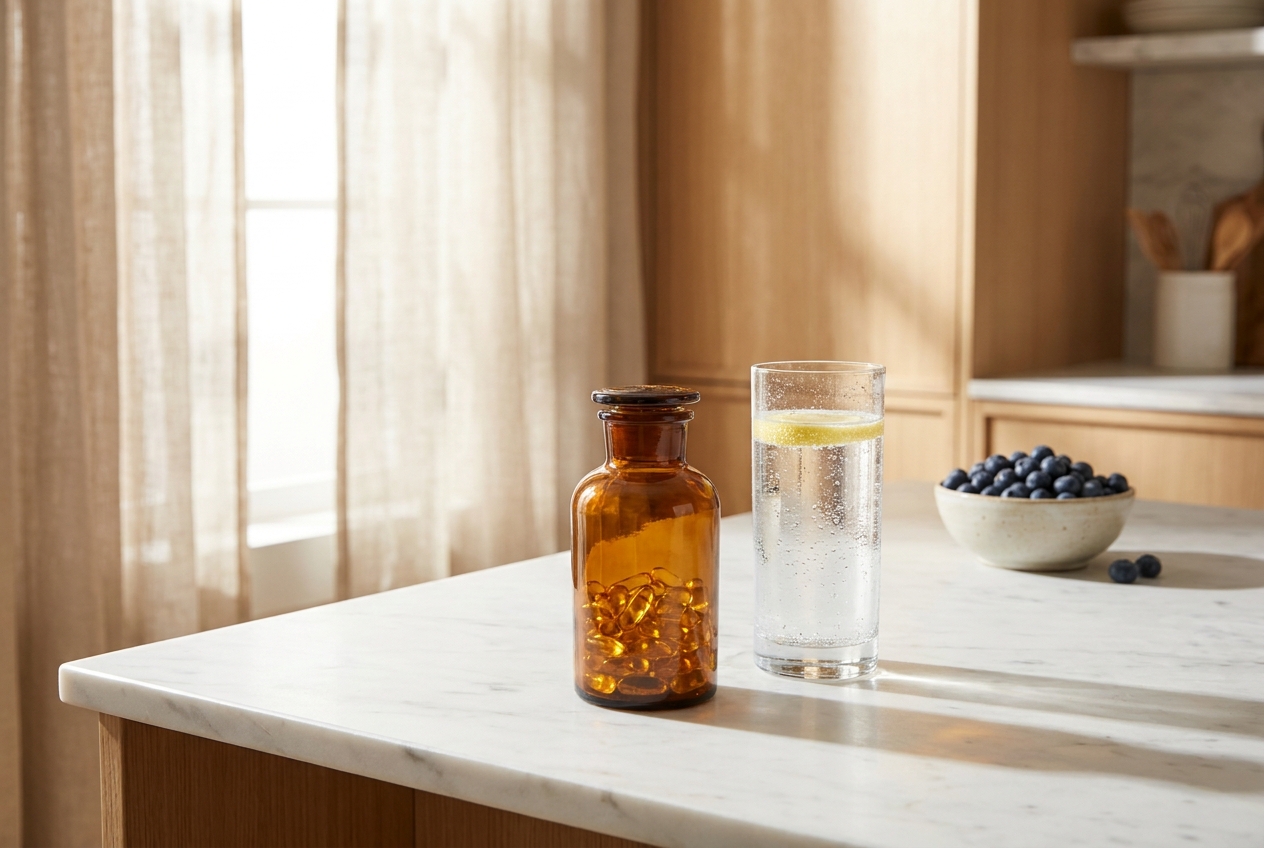 An amber glass supplement bottle and a glass of water on a marble kitchen counter.