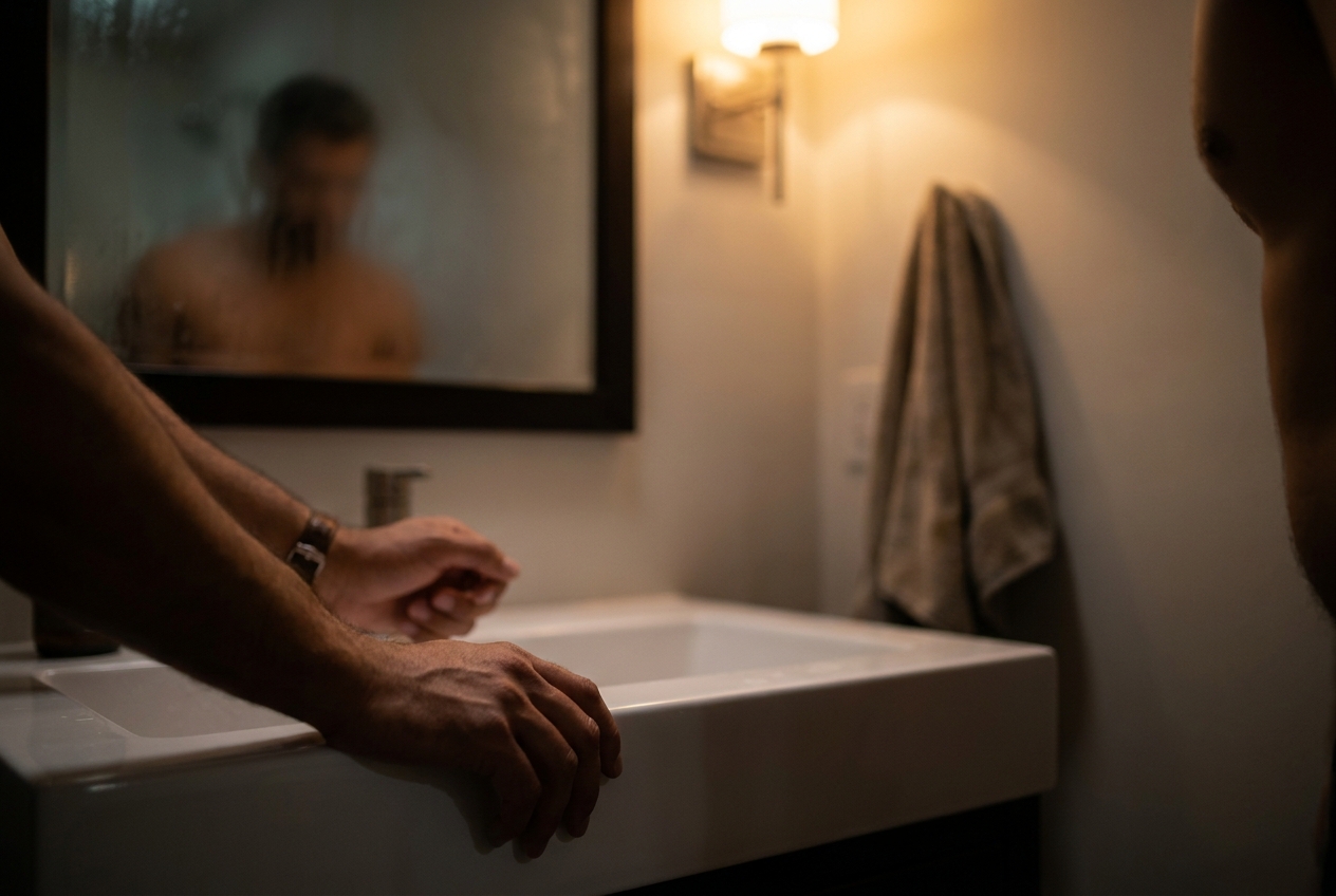 Man's hands gripping the edge of a bathroom sink in a dimly lit room.