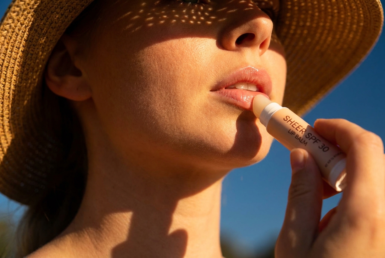 Close-up of a person wearing a straw hat applying SPF lip balm in the sun.