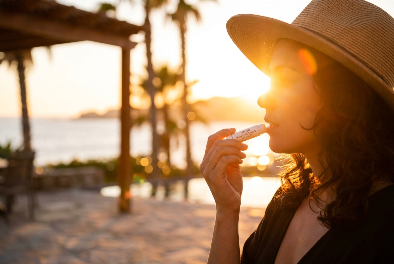 Silhouette of a woman applying SPF lip balm with the bright sun behind her.