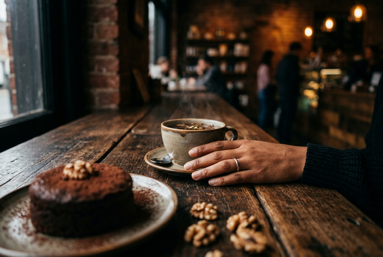 A hand resting near herbal tea, with dark chocolate and walnuts blurred in the foreground.