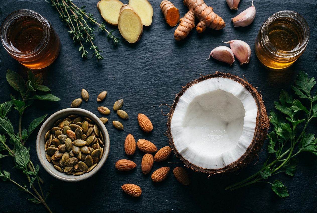 Halved coconut, pumpkin seeds, and almonds arranged on a dark rustic slate surface.