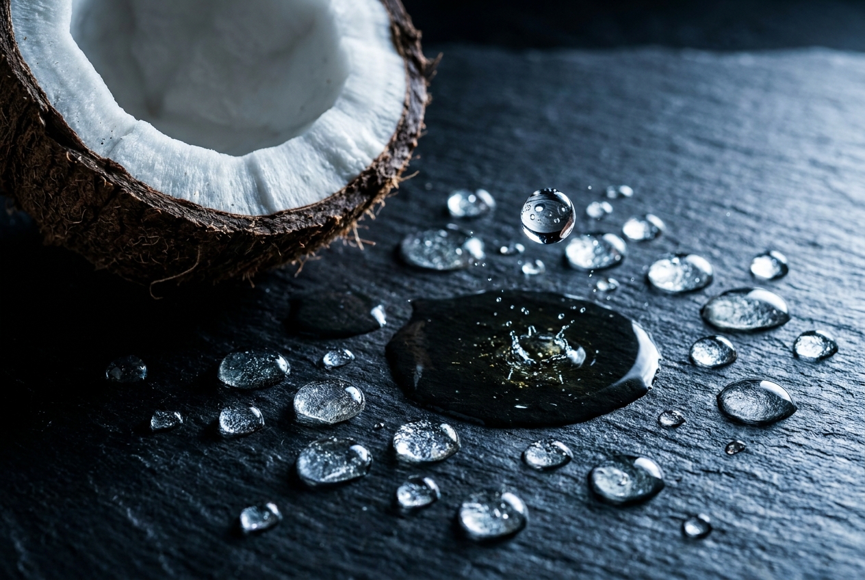 Extreme close-up of a raw coconut and luminous oil droplets on a dark slate surface.