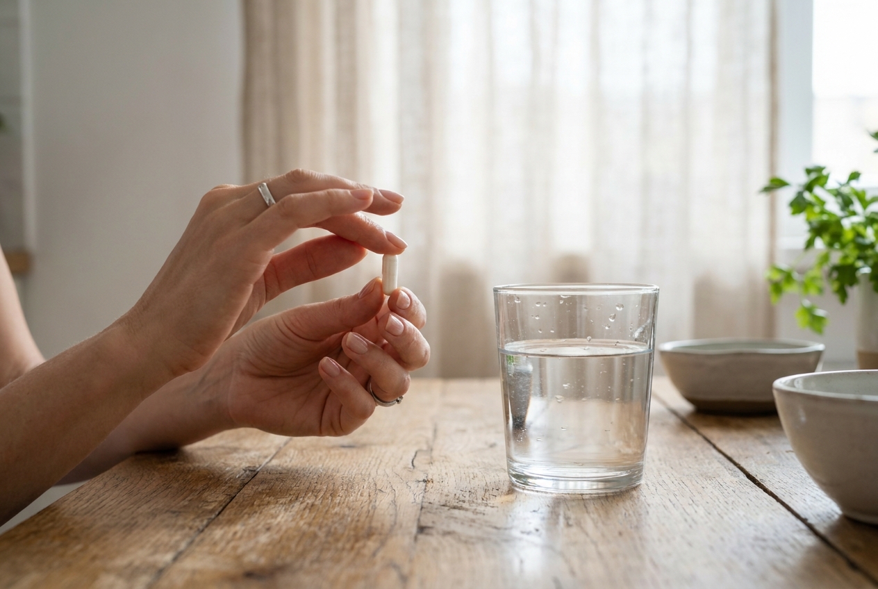 Hands holding a white daily supplement pill beside a glass of water on a wooden table.