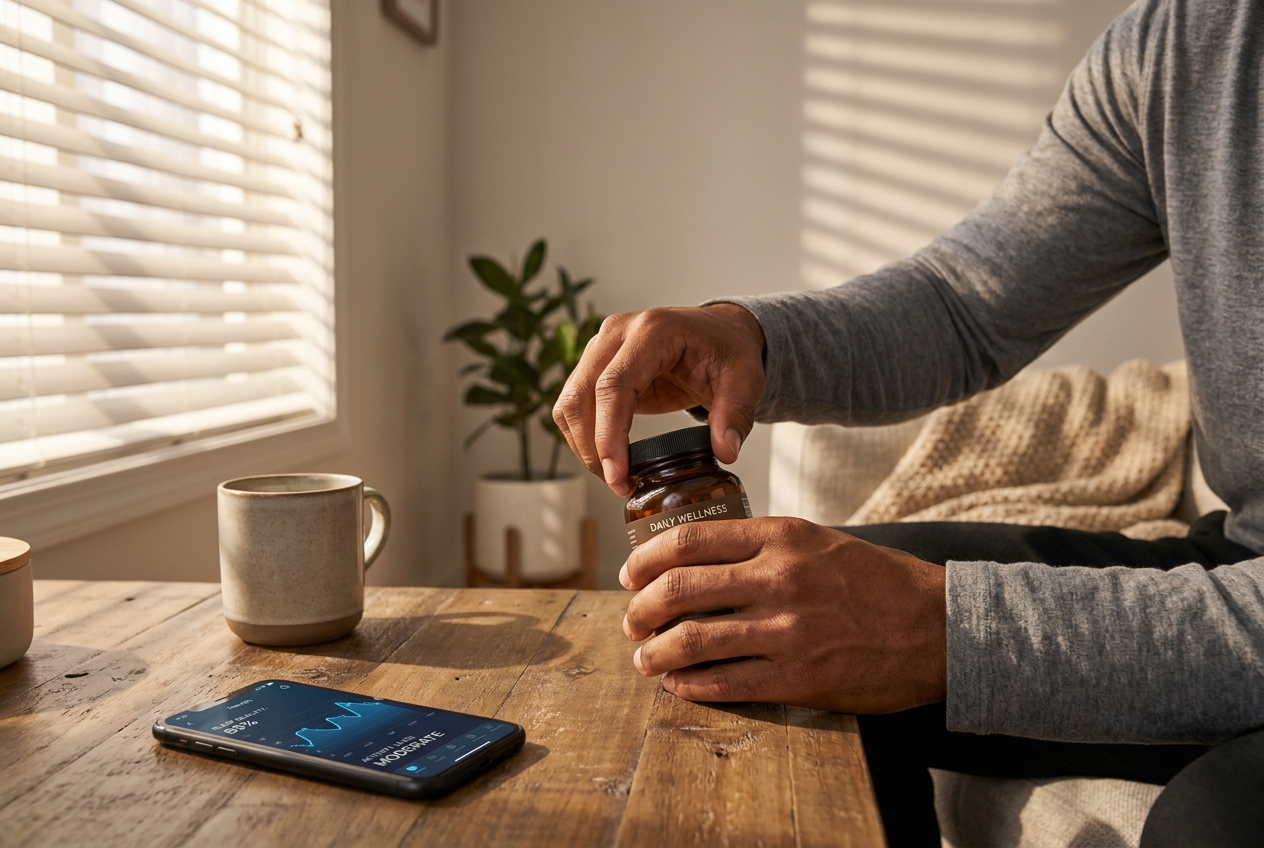 Hands opening an amber supplement bottle next to a smartphone showing a health tracking graph.