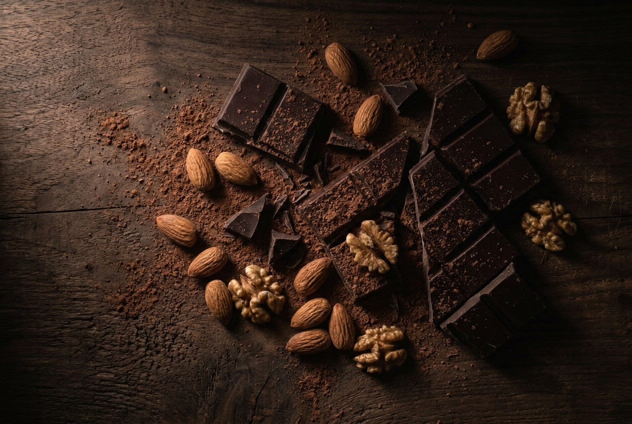Shattered dark chocolate and raw almonds scattered on a dark wooden surface.