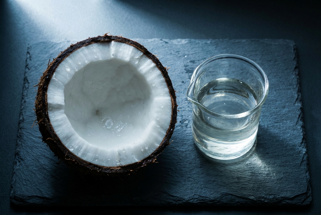 A halved fresh coconut alongside a glass beaker of clear liquid on a dark slate surface.
