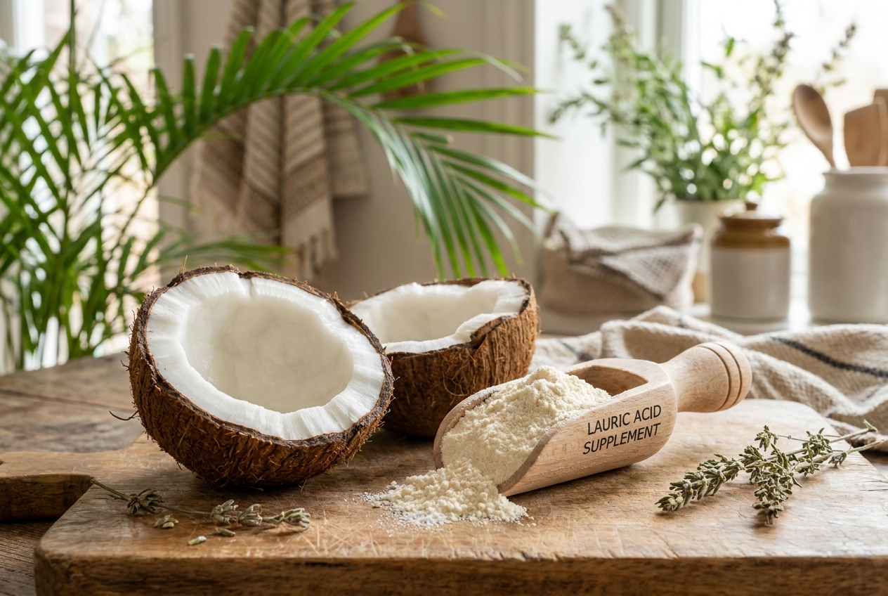 A halved fresh coconut alongside a wooden scoop of natural supplement powder.