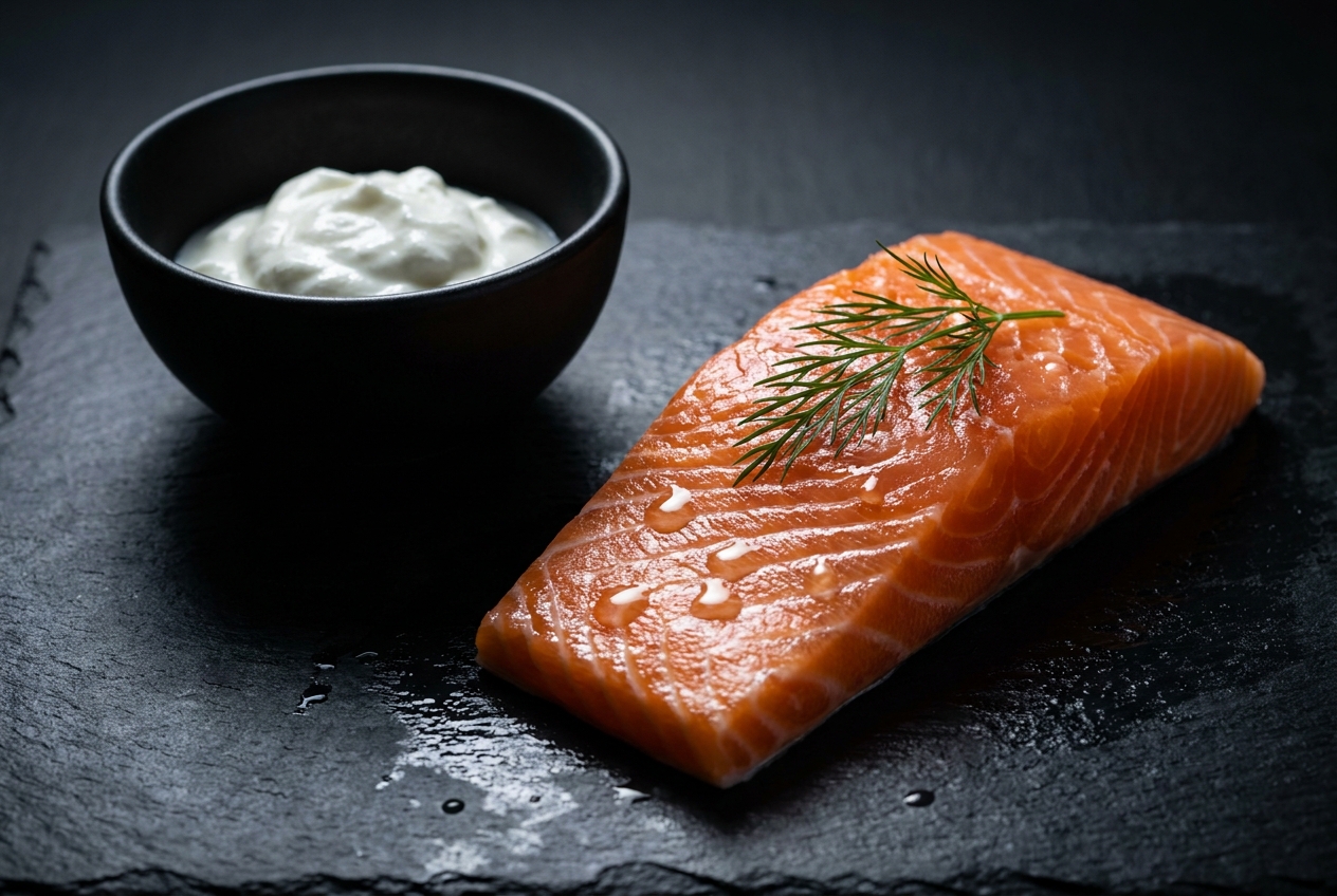Close-up of a fresh raw salmon fillet next to a bowl of thick Greek yogurt on dark slate.