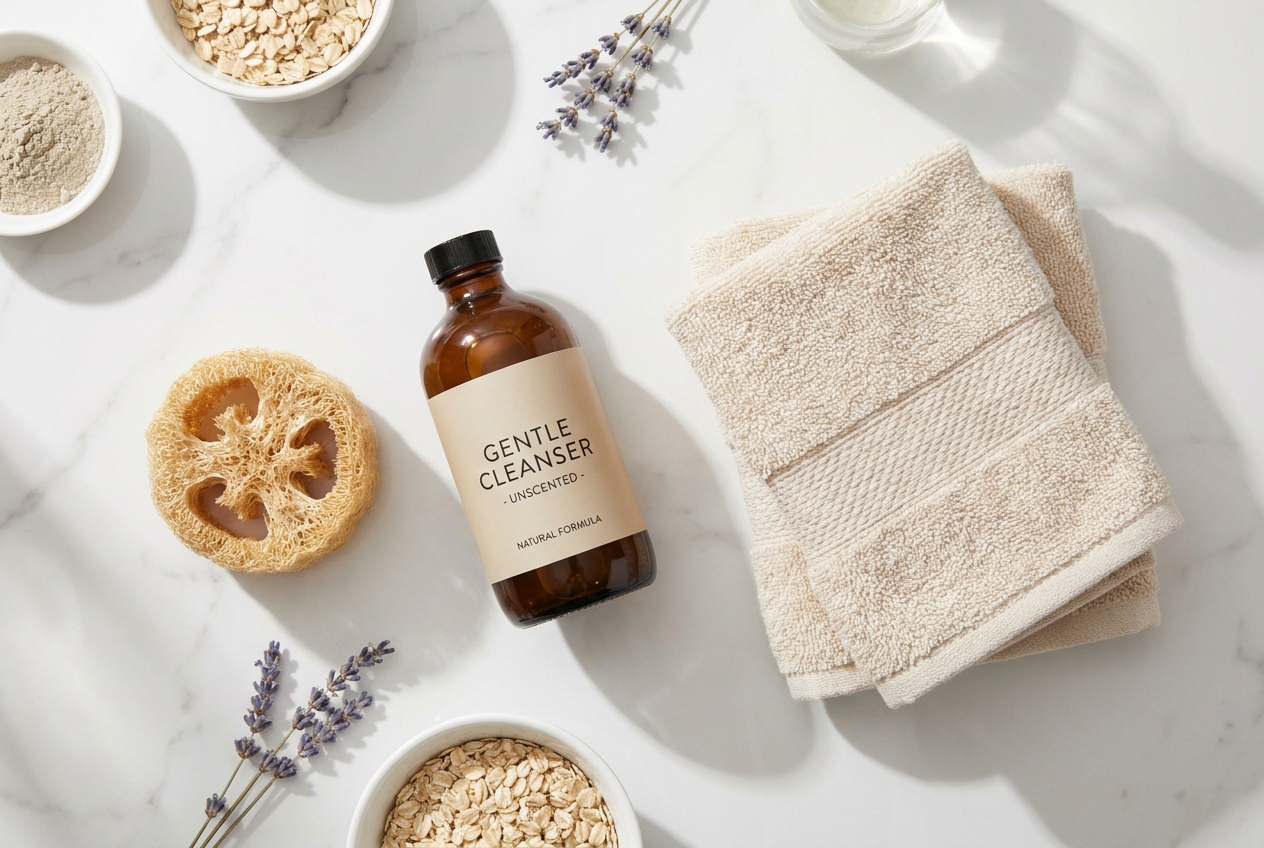 Natural unscented wellness products and folded organic cotton towels on marble.