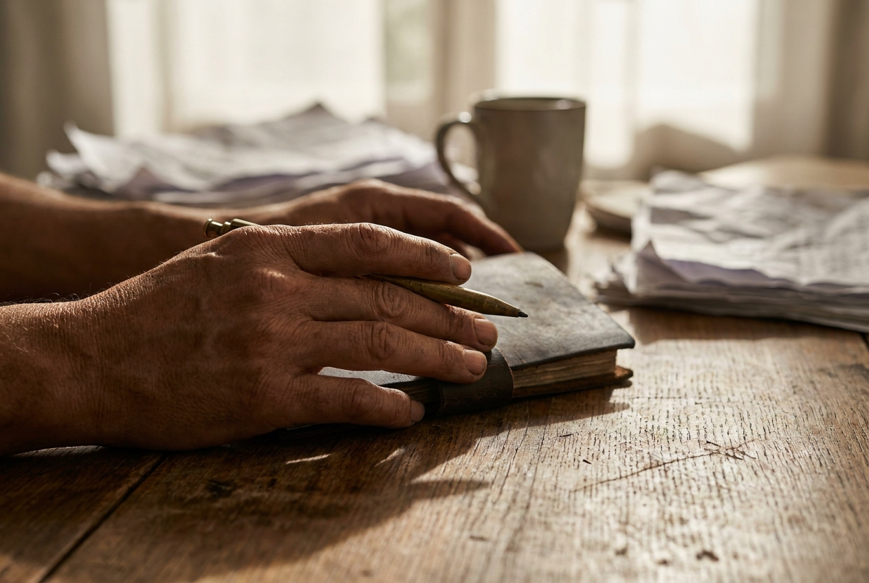 Close-up of hands firmly gripping a leather journal and brass pen on a wooden desk.