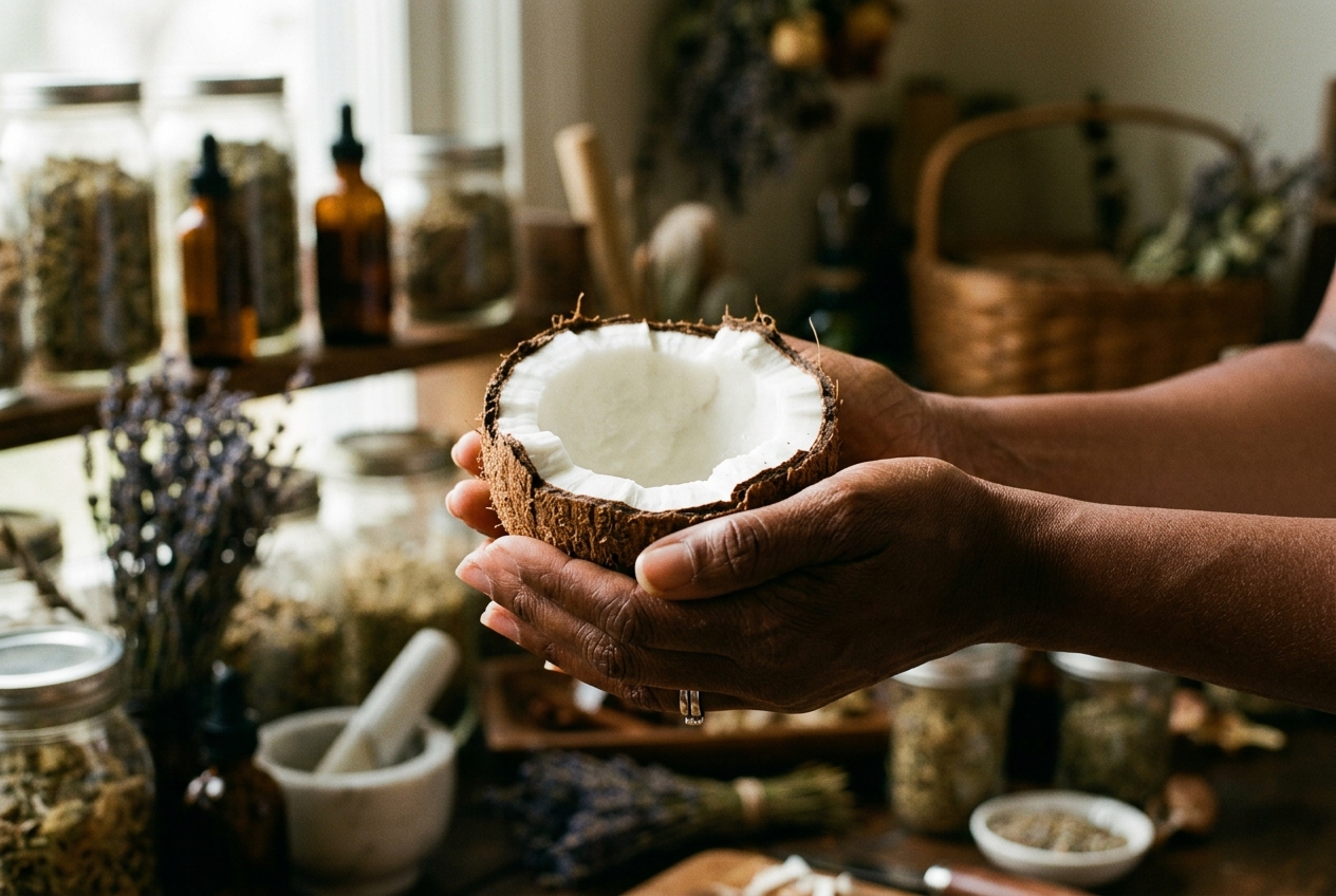 Close-up of a person's hands holding a freshly opened coconut showing the white flesh.