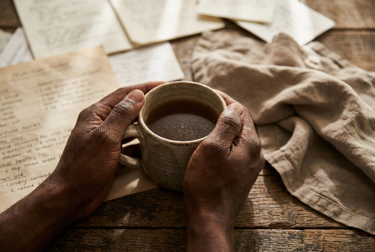 Close-up of a person's hands holding a warm ceramic mug on a rustic table with nutrition notes.