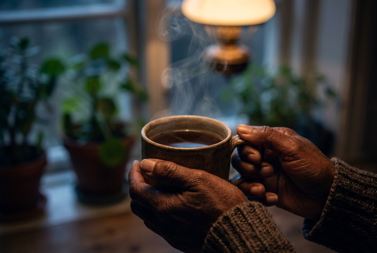 Close up of hands holding a warm ceramic mug of tea with rising steam.