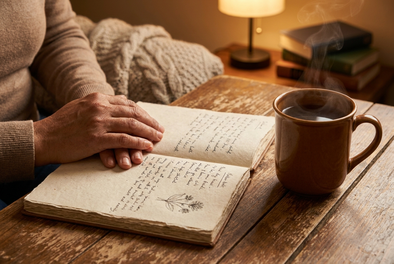 Close up of hands resting on a journal next to a warm mug of tea.