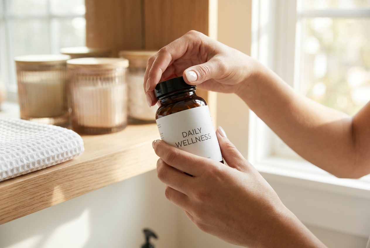 A person's hands opening an amber glass supplement bottle in a bright bathroom setting.