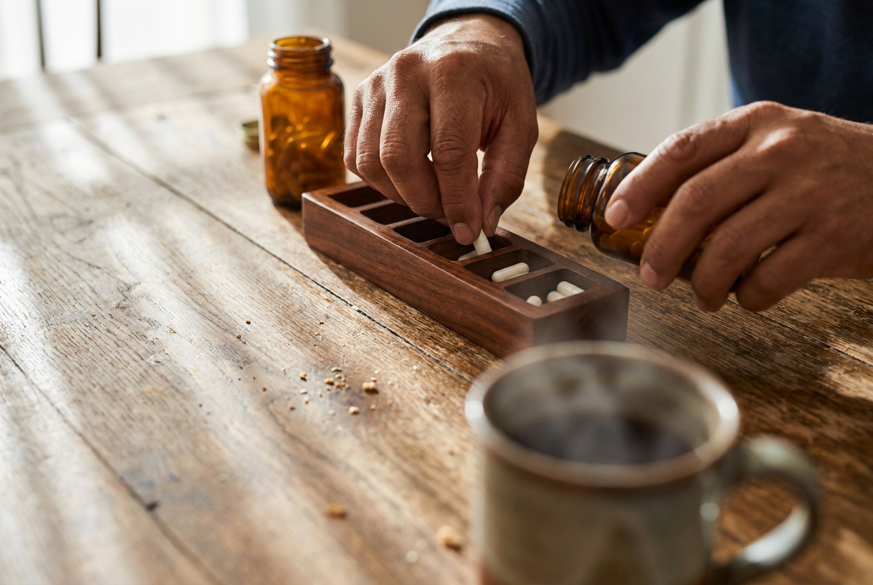 Close-up of warm-toned hands organizing white supplement capsules into a wooden pill organizer.