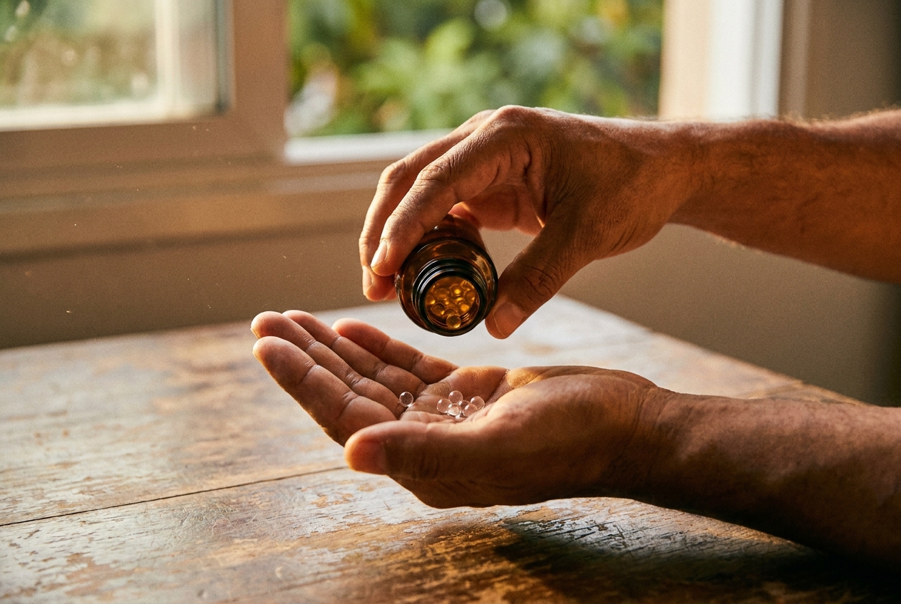 Close up of a person's hands pouring clear supplement pellets from an amber glass bottle.