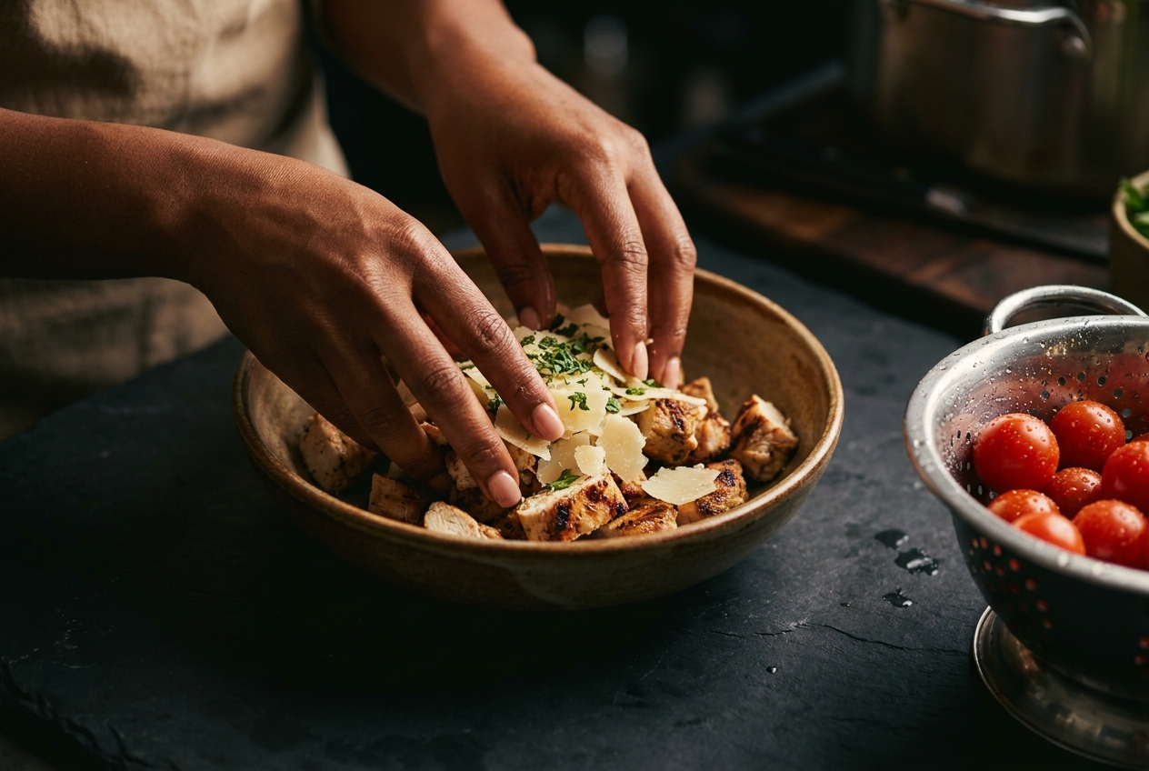 Close-up of hands preparing a bowl of grilled chicken, parmesan, and tomatoes