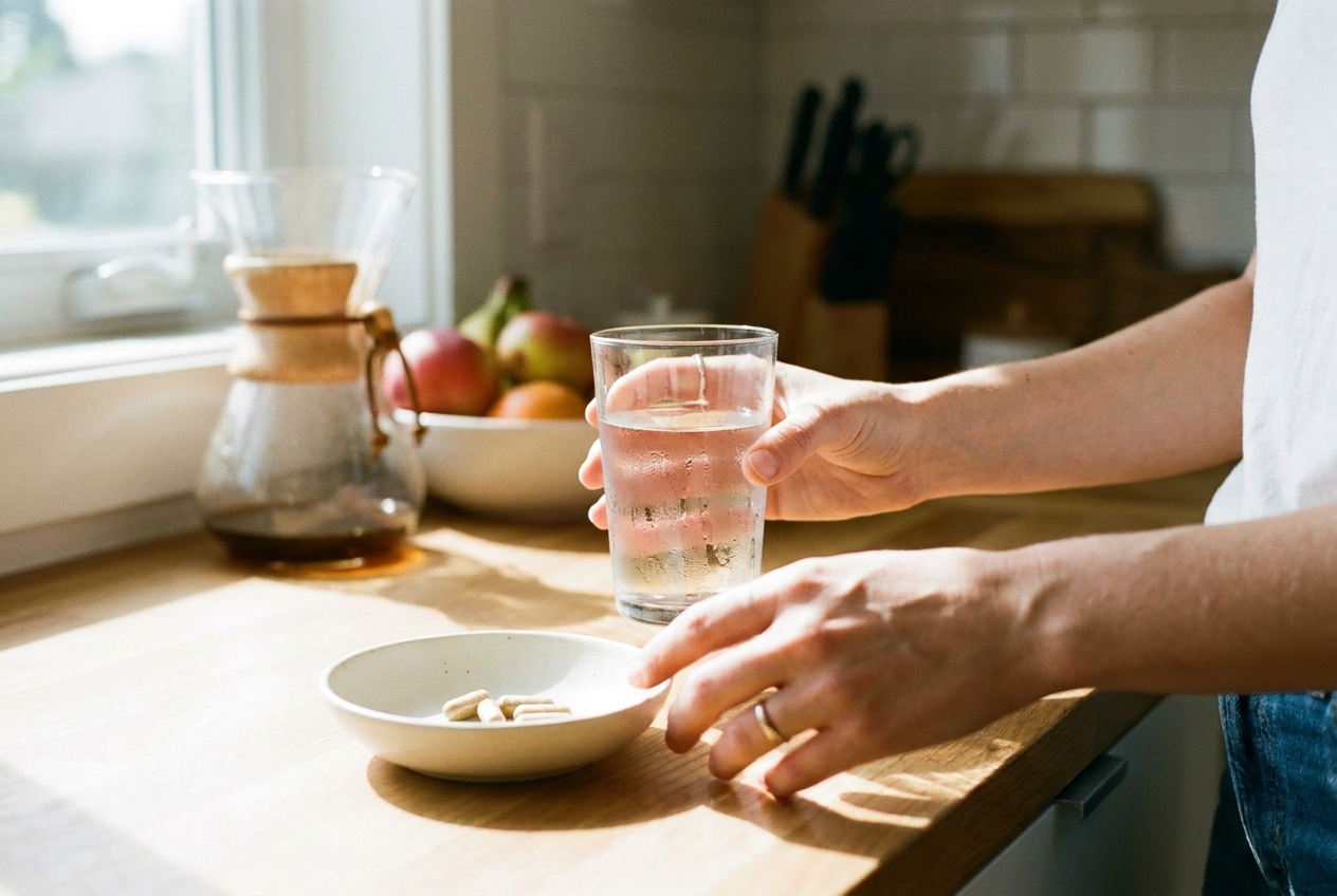 Hands holding a glass of water while reaching for a natural wellness supplement.