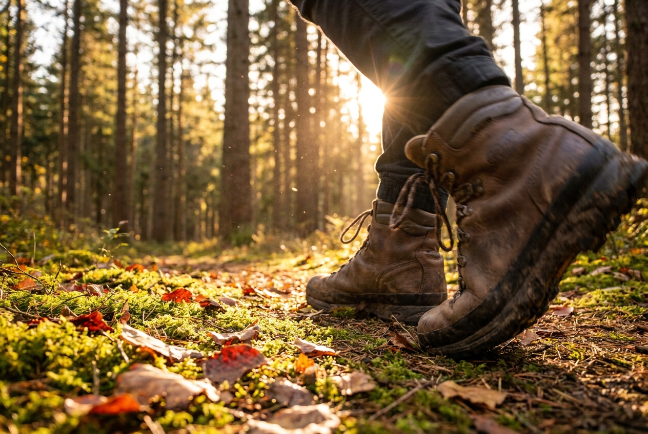 Close-up of hiking boots walking on a sunlit, mossy forest trail.