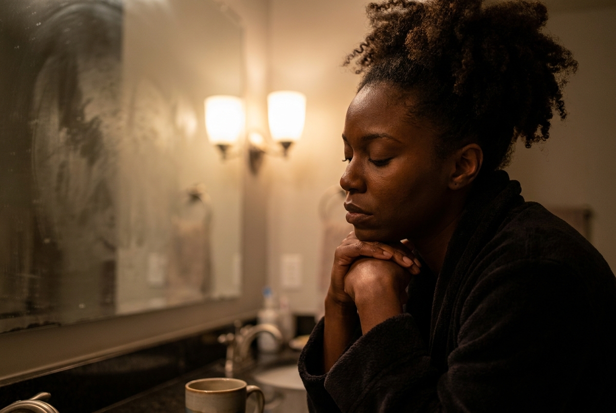 A woman rests her chin on her hands with eyes closed in a softly lit room.