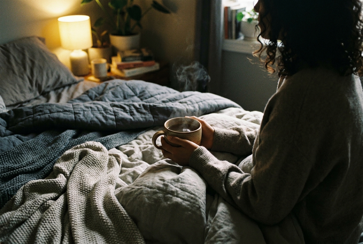 Close up of hands holding a warm mug of tea while resting in a bed with thick blankets.