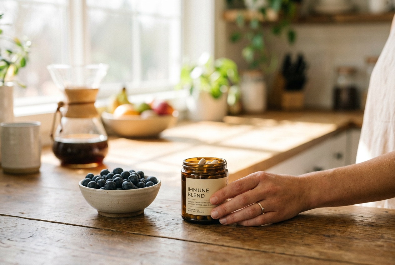 Woman's hand holding a glass jar of supplements next to fresh blueberries.