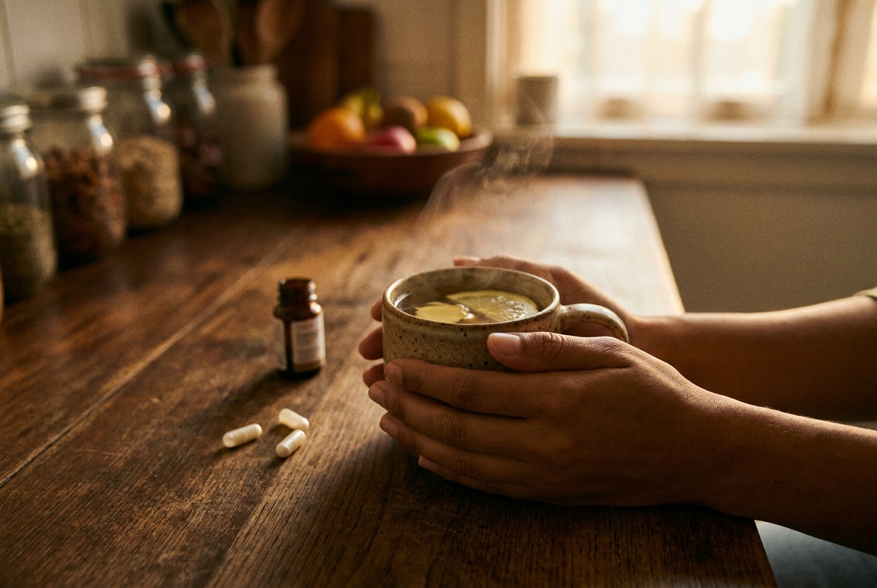 Hands holding a warm mug of tea next to white supplement capsules on a wooden table.