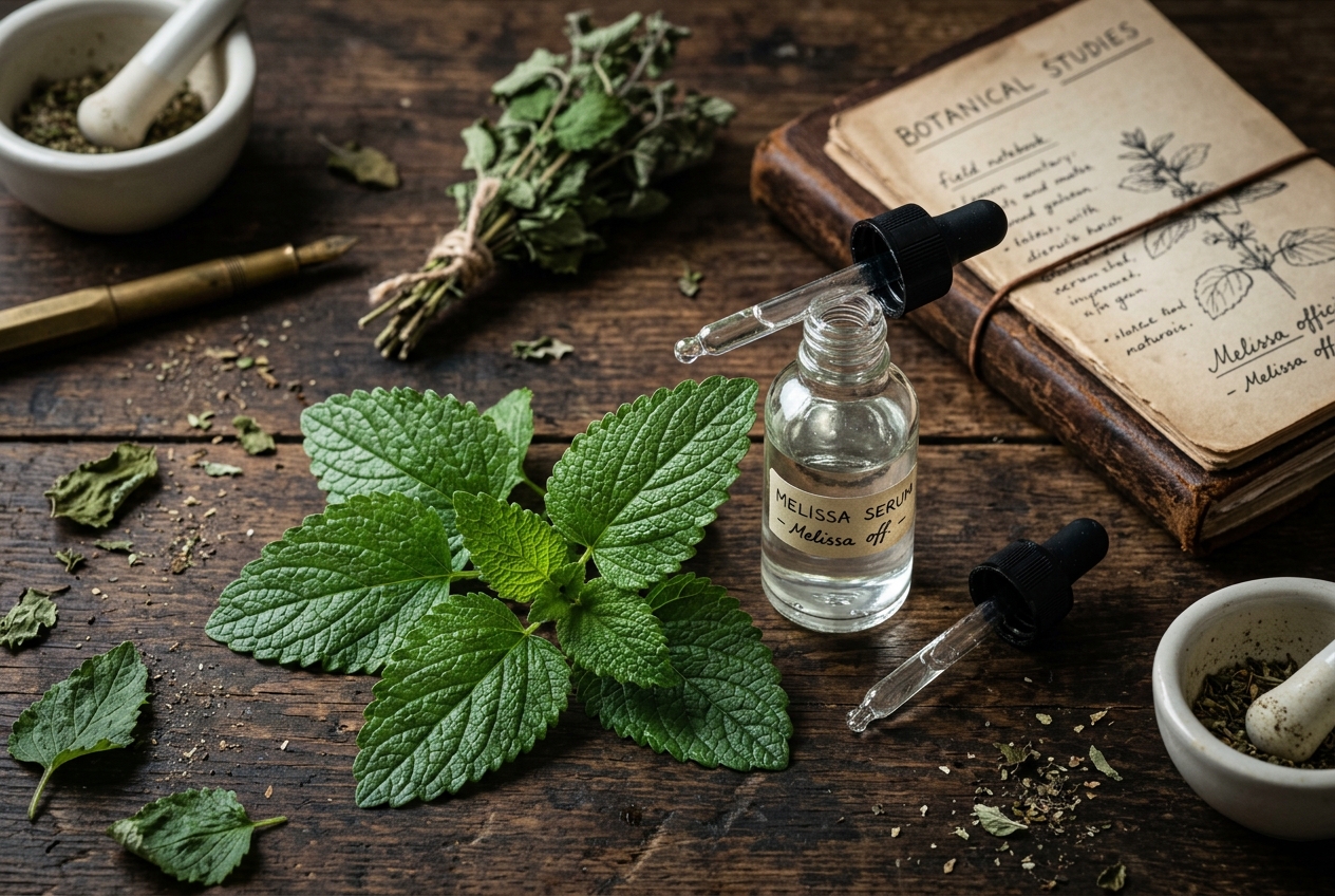 Fresh lemon balm leaves lying next to a small glass dropper bottle on a dark wooden table.