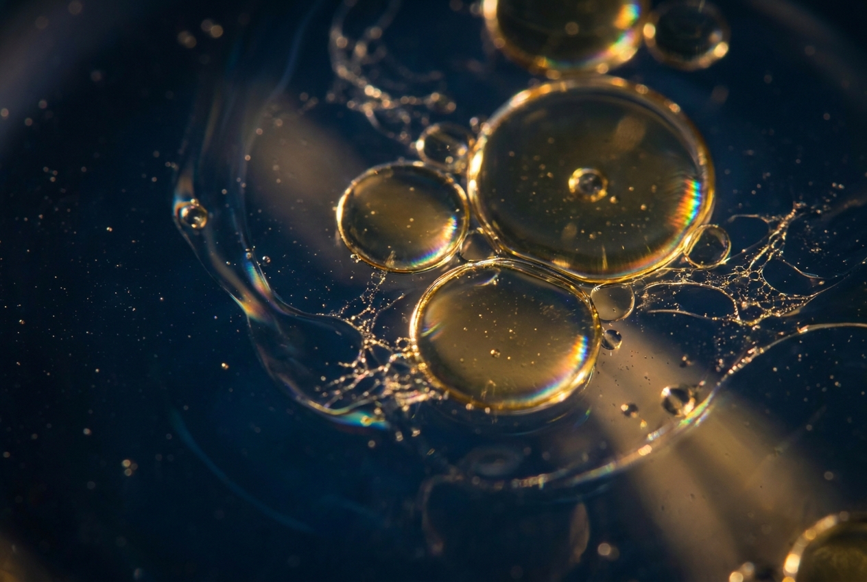 Extreme close up of golden oil droplets suspended in dark blue fluid.