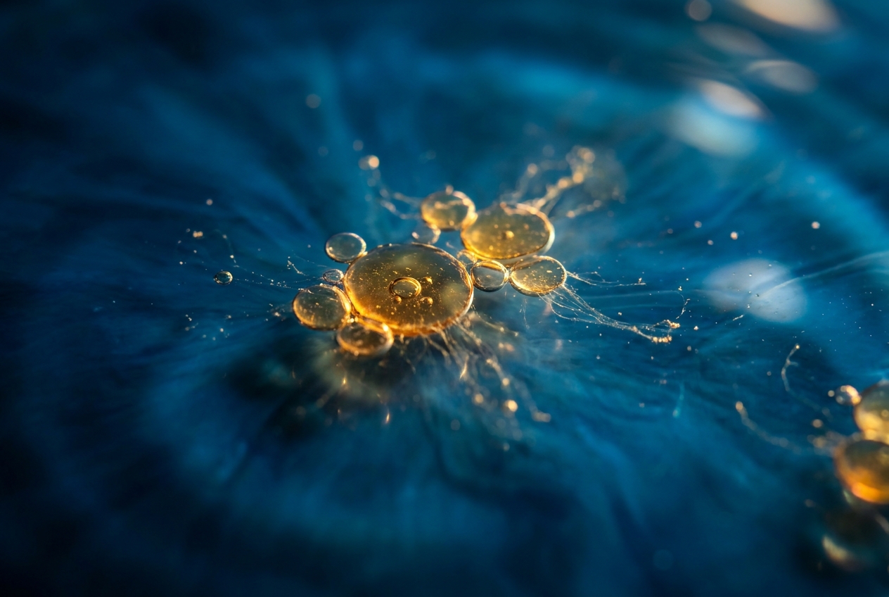 Macro shot of golden oil droplets dissolving and breaking apart in dark blue liquid.