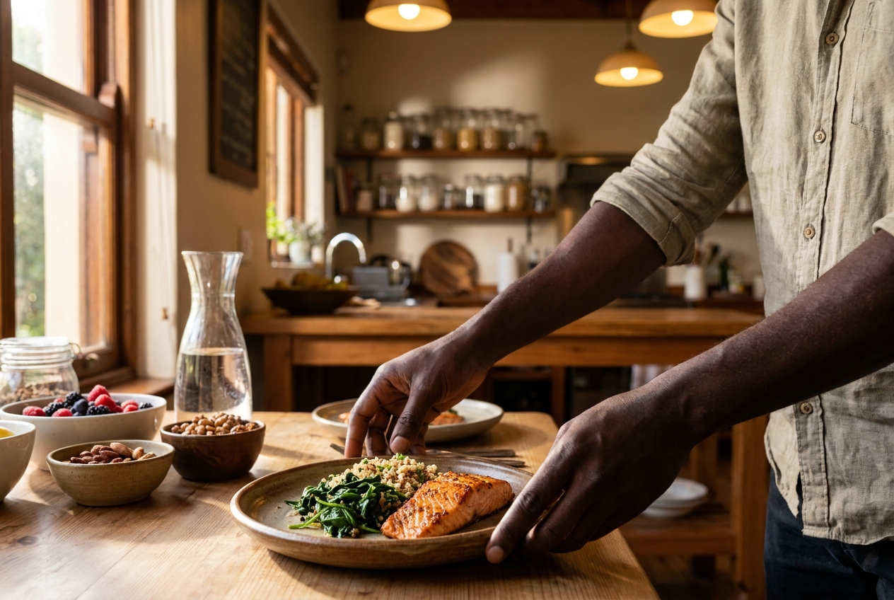 Close-up of a man's hands plating a healthy meal of roasted salmon and leafy greens.