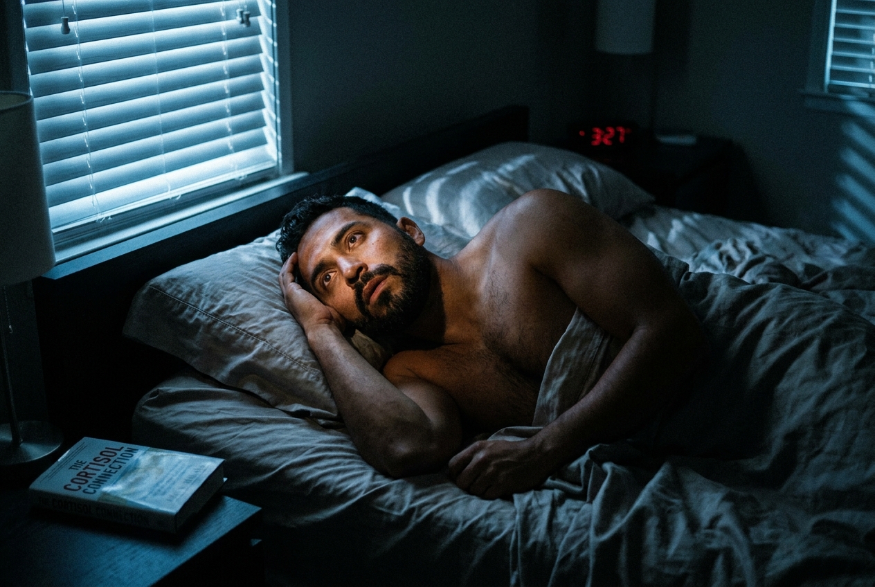 Man lying awake in bed staring at the ceiling in a dimly lit room.