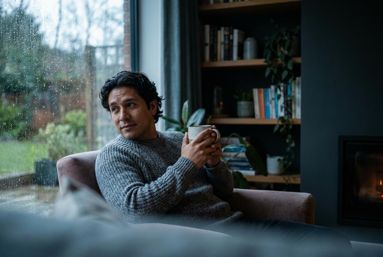 Latino man sitting peacefully in a reading chair holding a ceramic mug.