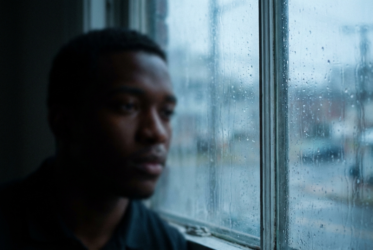 Silhouette of a man looking thoughtfully through a rain-streaked window.