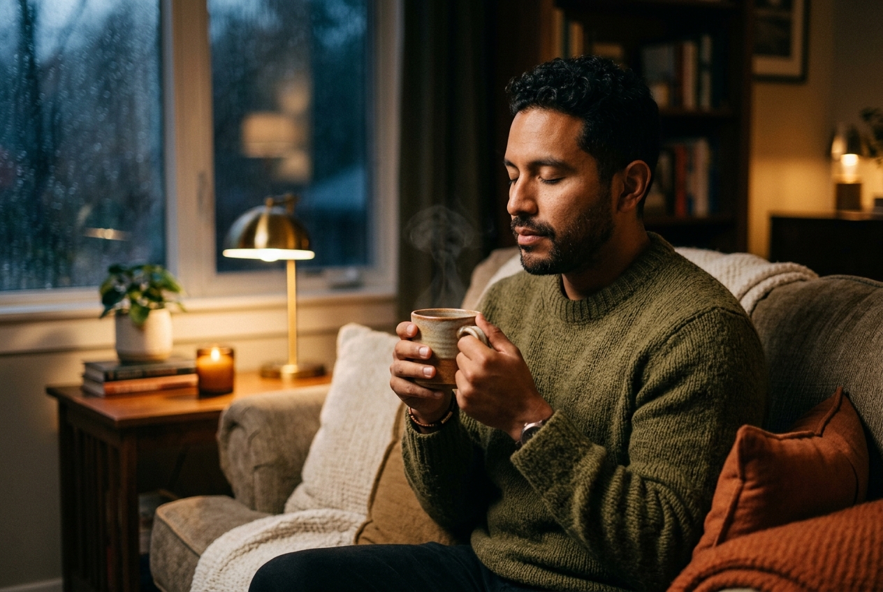 A man sitting calmly near a rainy window holding a warm mug of tea with his eyes closed.
