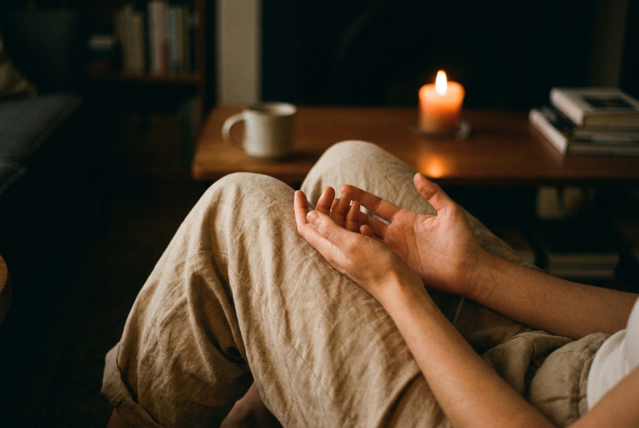 Close up of hands resting open on knees during a calming meditation session.
