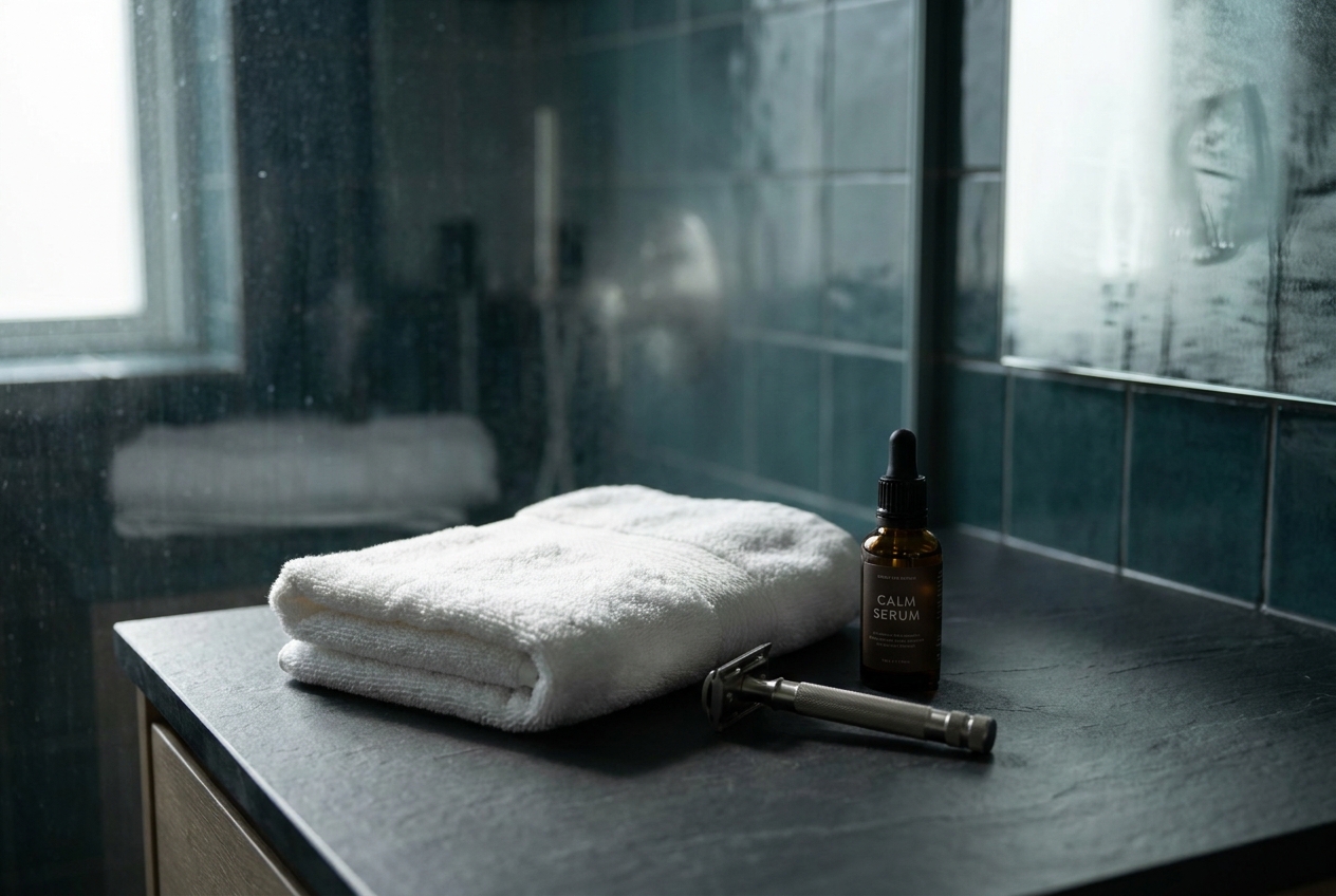 A metal safety razor, a towel, and a glass bottle of skin serum on a slate counter.