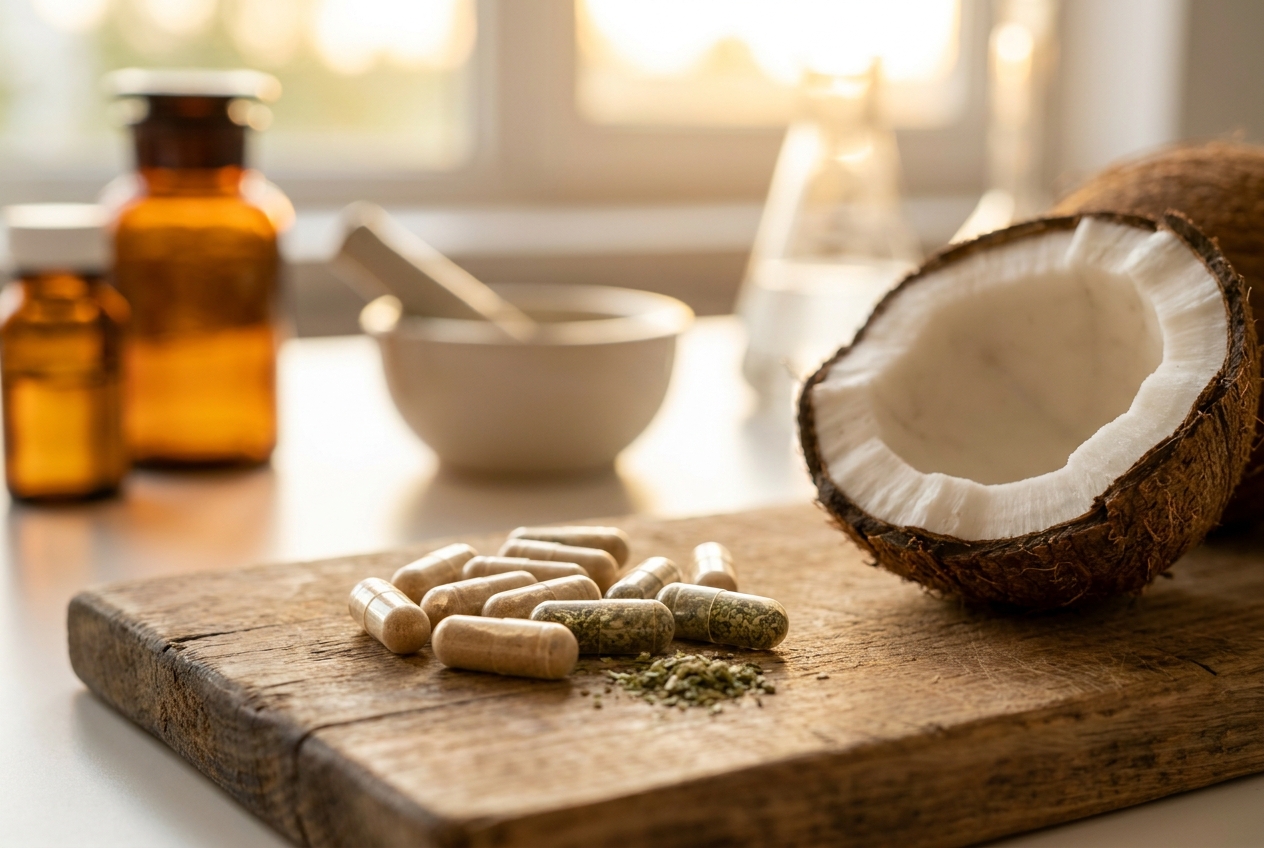 Clear supplement capsules placed next to a freshly cracked raw coconut.