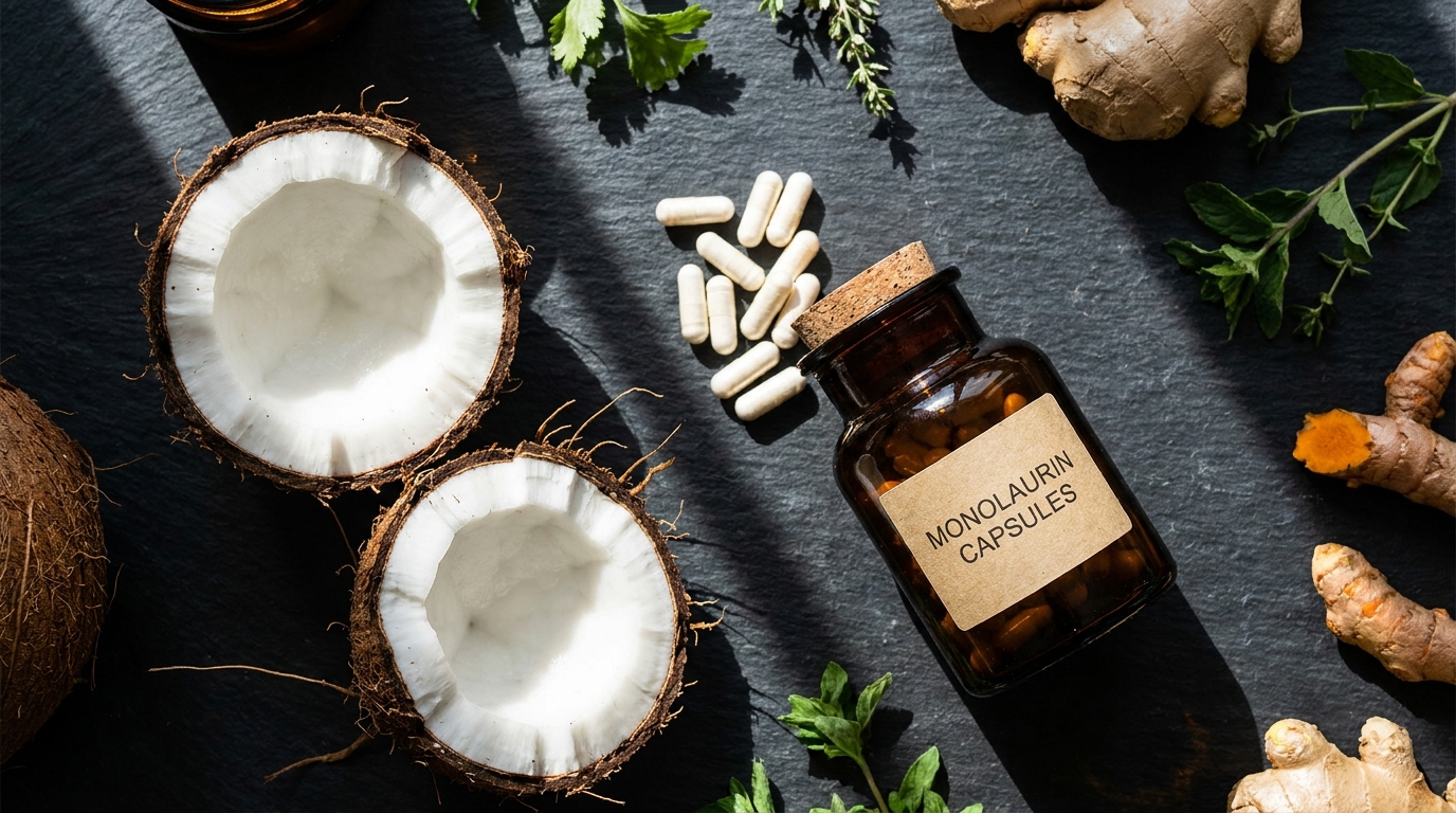Fresh coconut pieces and supplement capsules next to an amber glass bottle.