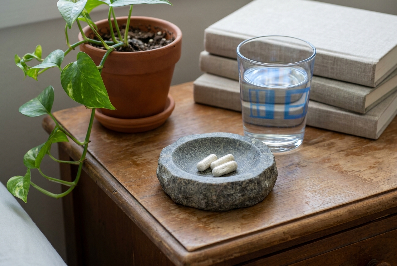 Two white supplement capsules on a stone dish next to a glass of water