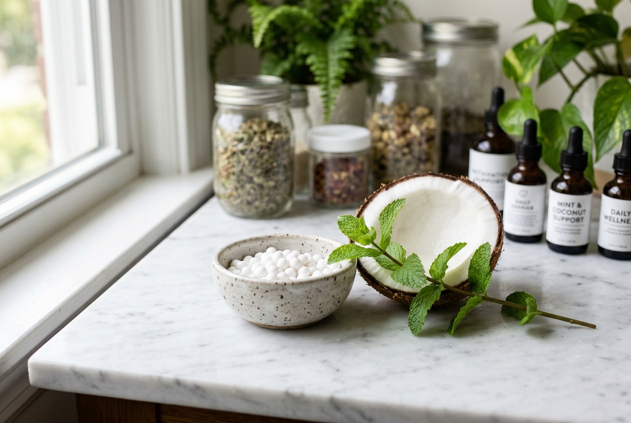 Pure white wellness supplement pellets in a ceramic bowl next to a fresh open coconut.