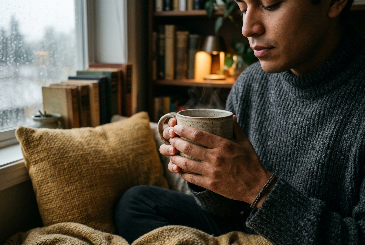 A person in a cozy sweater holding a warm mug of tea on a rainy day.