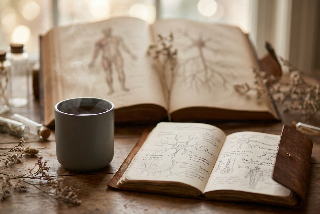 Notebook with hand-drawn nerve pathways next to a cup of herbal tea.