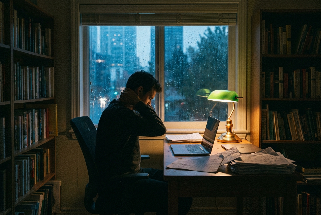 A silhouette of a person resting their hand on their neck in a dark room by a rainy window.