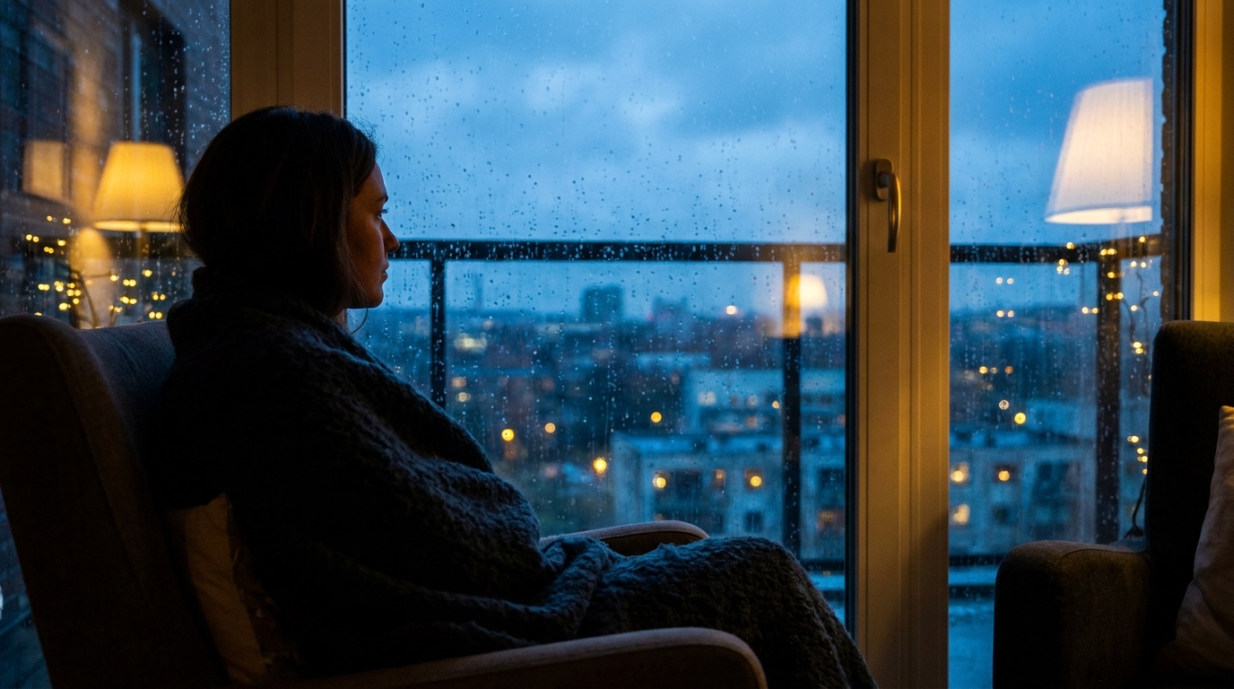 Silhouette of a person wrapped in a blanket looking out a rainy window at dusk.