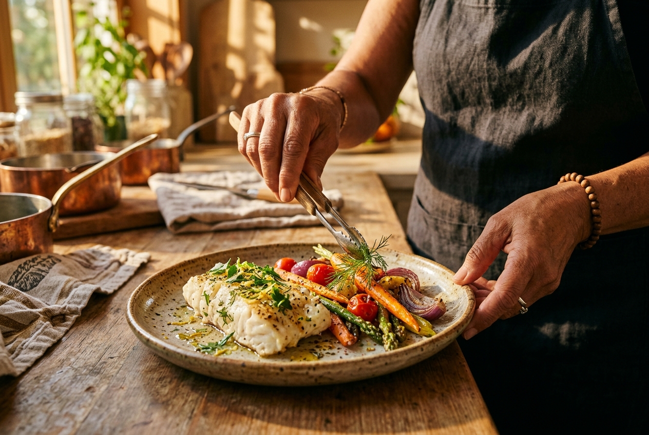 Close-up of warm olive-skinned hands plating a healthy fish and vegetable dinner in a sunlit kitchen.