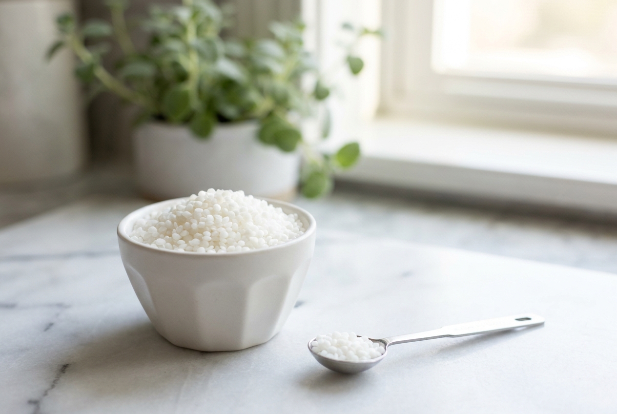 A geometric ceramic bowl filled with tiny white monolaurin pellets next to a silver measuring spoon.